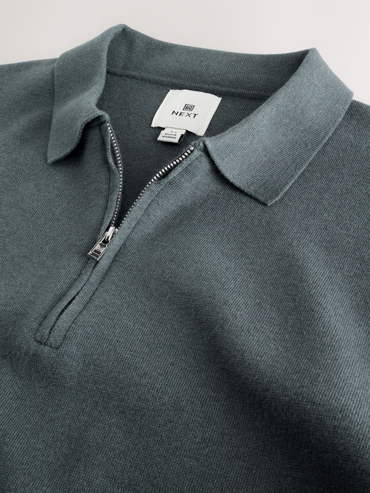 Sage Green Zip Neck Regular Fit Premium Long Sleeve Knit Polo Shirt - Image 2 of 3