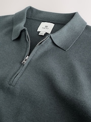 Sage zelena - Zip vrat - Premium pletena polo majica v standardnem kroju z dolgimi rokavi - Slika 6 iz 7