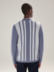 Blue Regular Fit Premium Knit Striped Quarter Zip Long Sleeve Polo Shirt - Image 3 of 4