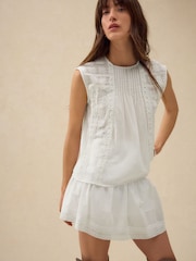 White Sleeveless Pintuck Blouse With Mesh Embroidery - Image 4 of 8