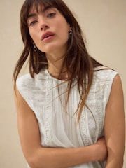 White Sleeveless Pintuck Blouse With Mesh Embroidery - Image 5 of 8