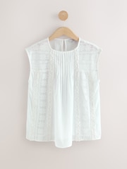 White Sleeveless Pintuck Blouse With Mesh Embroidery - Image 6 of 8