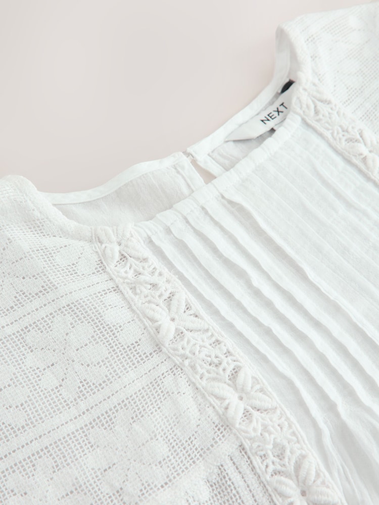 White Sleeveless Pintuck Blouse With Mesh Embroidery - Image 8 of 8