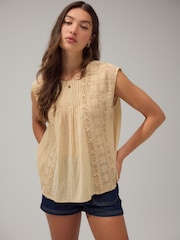 Neutral/Tan Sleeveless Pintuck Blouse With Mesh Embroidery - Image 2 of 8