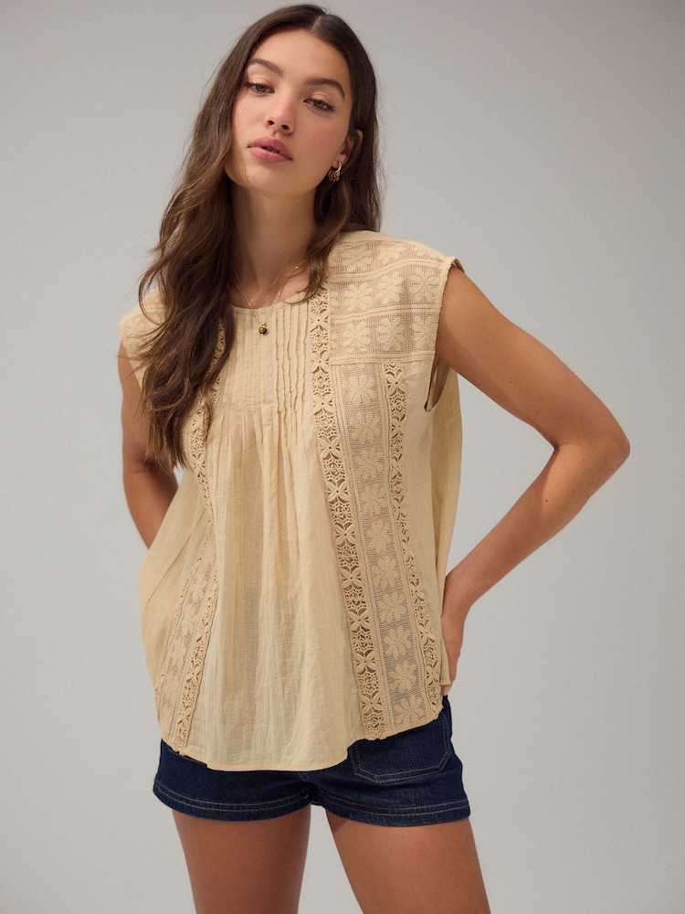 Neutral/Tan Sleeveless Pintuck Blouse With Mesh Embroidery - Image 2 of 8