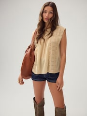 Neutral/Tan Sleeveless Pintuck Blouse With Mesh Embroidery - Image 3 of 8