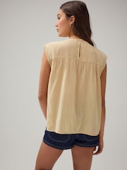 Neutral/Tan Sleeveless Pintuck Blouse With Mesh Embroidery - Image 4 of 8