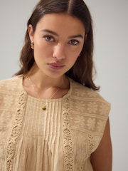 Neutral/Tan Sleeveless Pintuck Blouse With Mesh Embroidery - Image 5 of 8