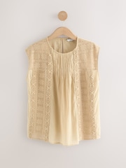 Neutral/Tan Sleeveless Pintuck Blouse With Mesh Embroidery - Image 6 of 8