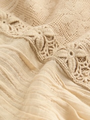 Neutral/Tan Sleeveless Pintuck Blouse With Mesh Embroidery - Image 7 of 8