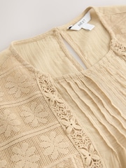 Neutral/Tan Sleeveless Pintuck Blouse With Mesh Embroidery - Image 8 of 8