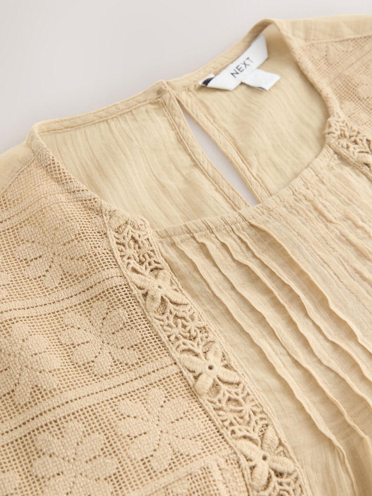 Neutral/Tan Sleeveless Pintuck Blouse With Mesh Embroidery - Image 8 of 8
