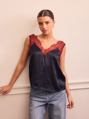 Navy/Burgundy Lace Trim Satin Cami Top - Image 1 of 8