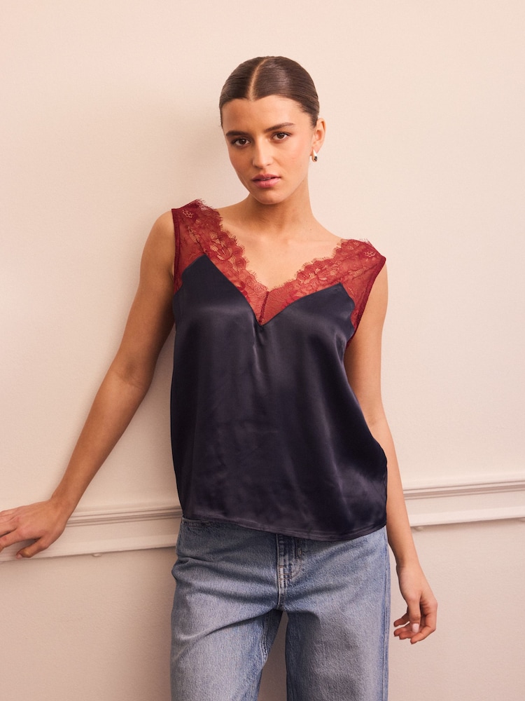 Navy/Burgundy Lace Trim Satin Cami Top - Image 1 of 8
