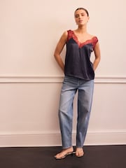 Navy/Burgundy Lace Trim Satin Cami Top - Image 2 of 8