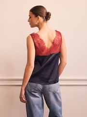 Navy/Burgundy Lace Trim Satin Cami Top - Image 3 of 8