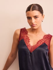 Navy/Burgundy Lace Trim Satin Cami Top - Image 4 of 8