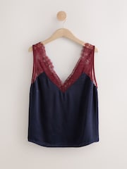 Navy/Burgundy Lace Trim Satin Cami Top - Image 6 of 8