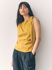 Ochre Yellow Sleeveless Jacquard Asymmetric Tie Shoulder Top - Image 1 of 7