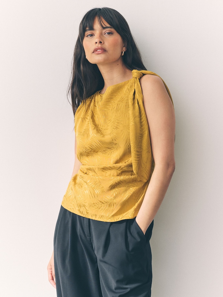 Ochre Yellow Sleeveless Jacquard Asymmetric Tie Shoulder Top - Image 1 of 7 Ochre Yellow Sleeveless Jacquard Asymmetric Tie Shoulder Top - Image 1 of 7