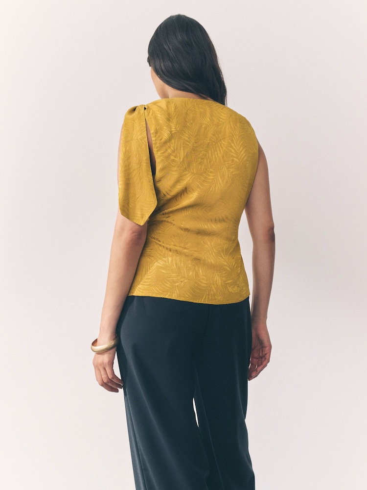 Ochre Yellow Sleeveless Jacquard Asymmetric Tie Shoulder Top - Image 2 of 7