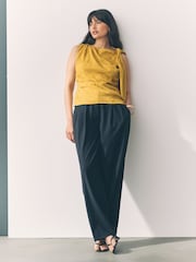 Ochre Yellow Sleeveless Jacquard Asymmetric Tie Shoulder Top - Image 3 of 7