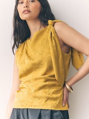 Ochre Yellow Sleeveless Jacquard Asymmetric Tie Shoulder Top - Image 4 of 7