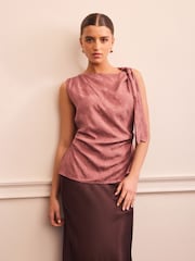 Rose Pink Sleeveless Jacquard Asymmetric Tie Shoulder Top - Image 1 of 8