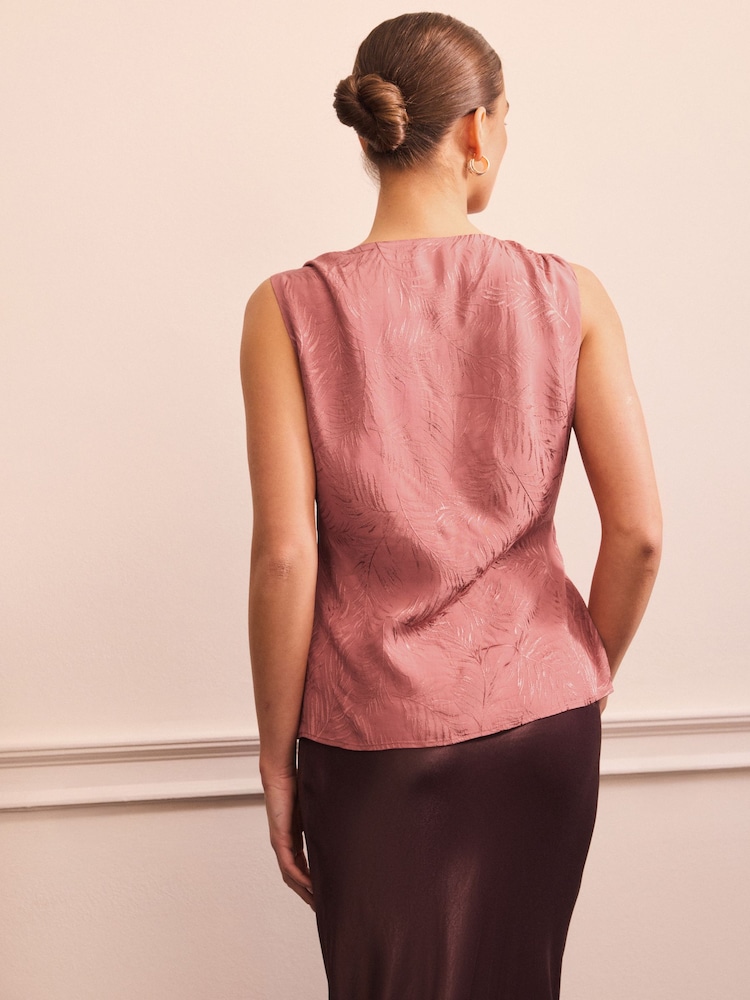 Rose Pink Sleeveless Jacquard Asymmetric Tie Shoulder Top - Image 2 of 8
