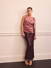 Rose Pink Sleeveless Jacquard Asymmetric Tie Shoulder Top - Image 3 of 8