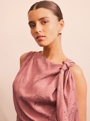 Rose Pink Sleeveless Jacquard Asymmetric Tie Shoulder Top - Image 5 of 8