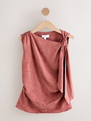 Rose Pink Sleeveless Jacquard Asymmetric Tie Shoulder Top - Image 6 of 8