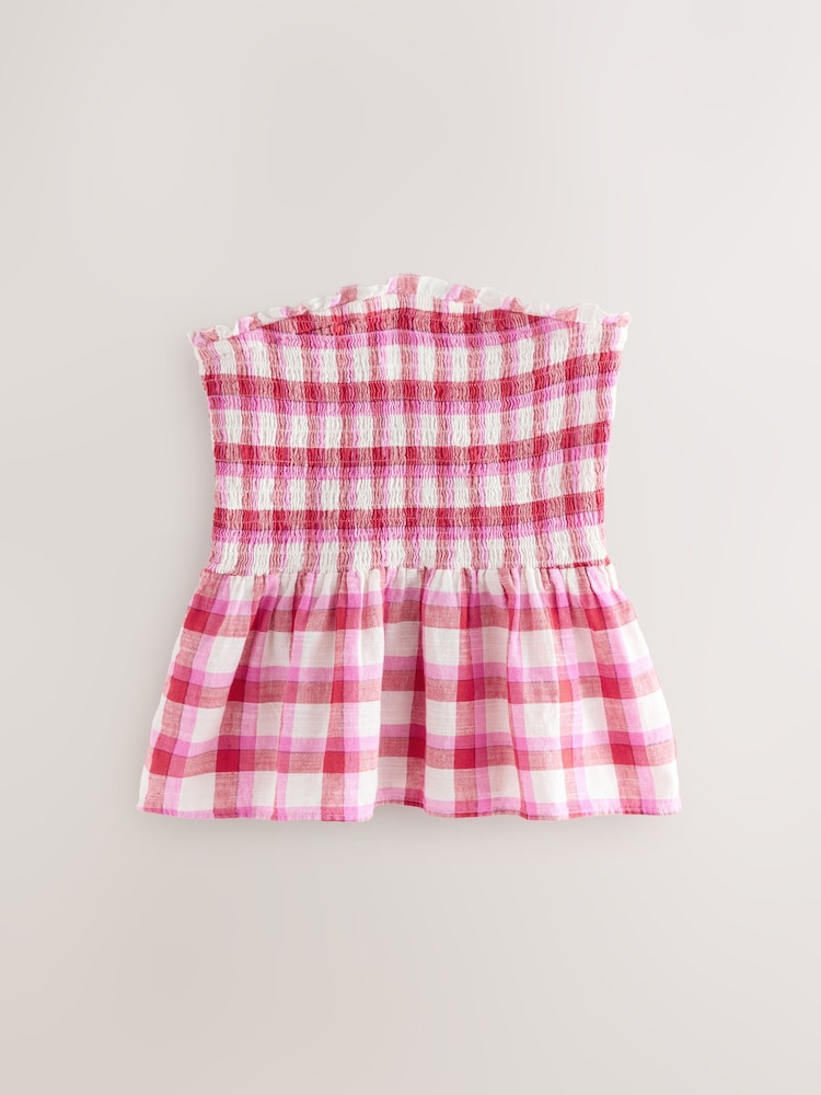 Red/White Gingham Shirred Peplum Bandeau Boobtube With Linen - Image 1 of 3
