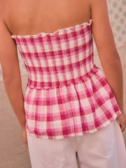 Red/White Gingham Shirred Peplum Bandeau Boobtube With Linen - Image 4 of 7