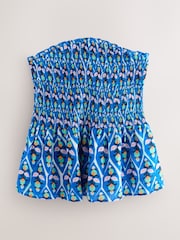 Blue/Orange Woodblock Geo Print Shirred Peplum Bandeau Boobtube With Linen - Image 1 of 3