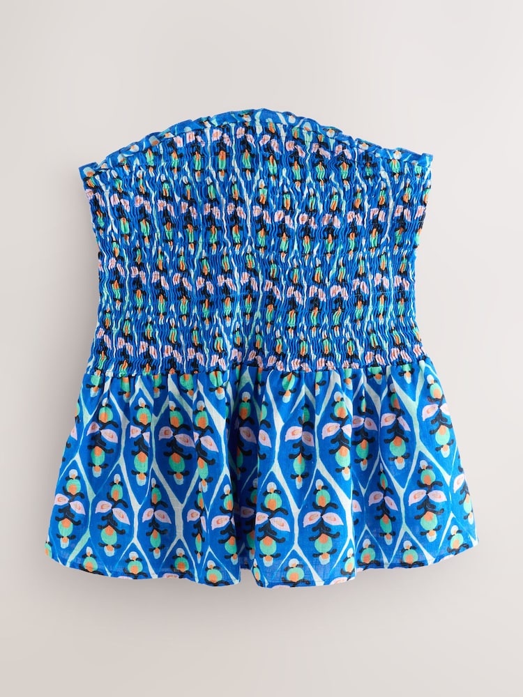 Modra/oranžna woodblock geo potisk - Nabrana peplum bandeau boobtube z lanom - Slika 1 iz 3 Modra/oranžna woodblock geo potisk - Nabrana peplum bandeau boobtube z lanom - Slika 1 iz 3