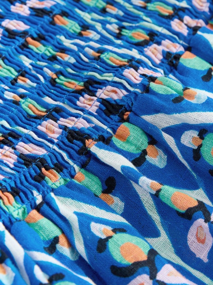 Blue/Orange Woodblock Geo Print Shirred Peplum Bandeau Boobtube With Linen - Image 2 of 3