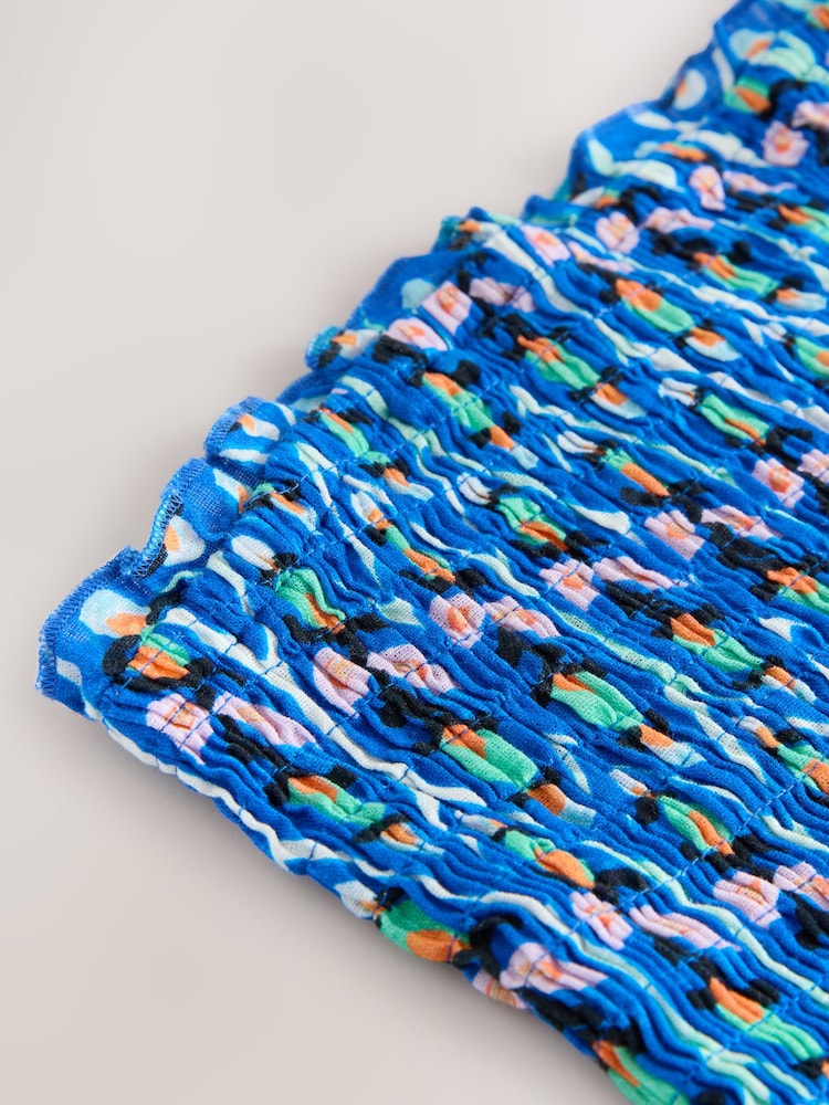 Blue/Orange Woodblock Geo Print Shirred Peplum Bandeau Boobtube With Linen - Image 3 of 3