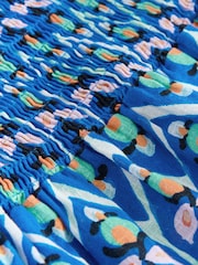 Blue/Orange Woodblock Geo Print Shirred Peplum Bandeau Boobtube With Linen - Image 6 of 7