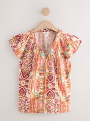 Multicoloured Abstract Print Button Down Ruffle Sleeve Top With Linen - Image 1 of 3