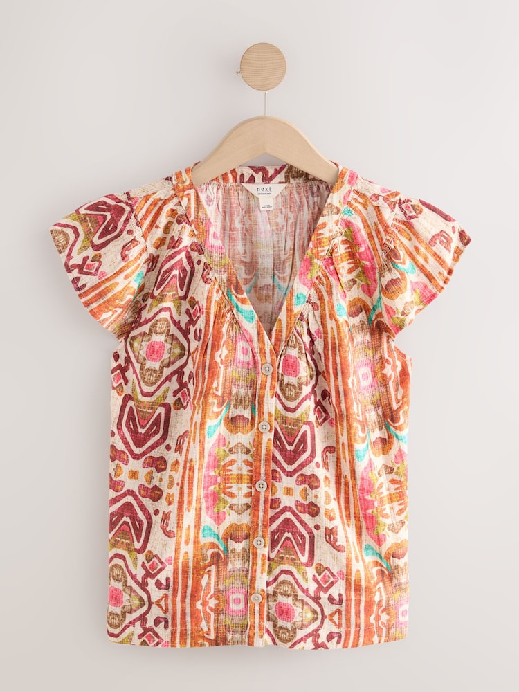 Multicoloured Abstract Print Button Down Ruffle Sleeve Top With Linen - Image 1 of 3