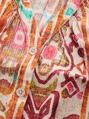 Multicoloured Abstract Print Button Down Ruffle Sleeve Top With Linen - Image 2 of 3