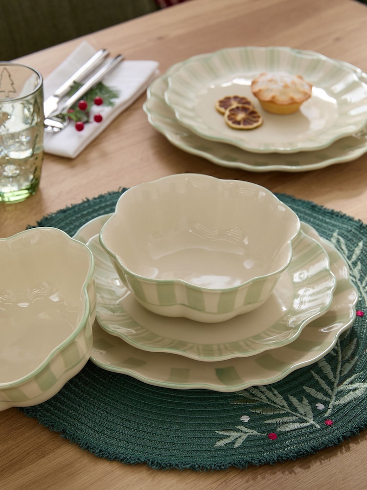 12 Piece Sage Green Handpainted Stripe Dinner Set - Image 1 of 5 12 Piece Sage Green Handpainted Stripe Dinner Set - Image 1 of 5