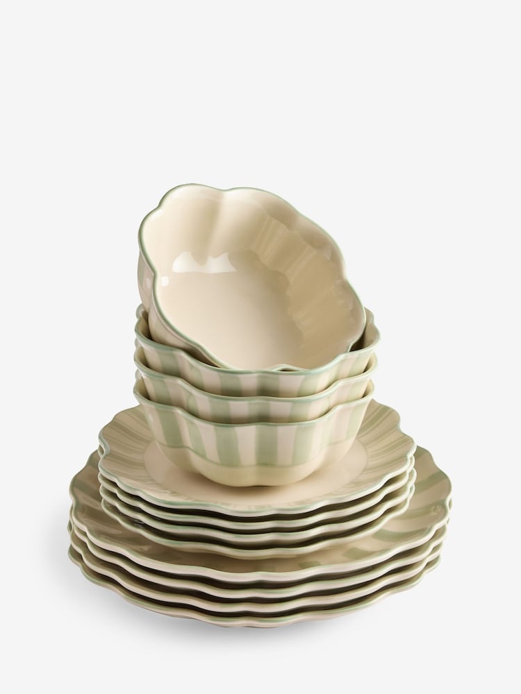 12 Piece Sage Green Handpainted Stripe Dinner Set - Image 5 of 5 12 Piece Sage Green Handpainted Stripe Dinner Set - Image 5 of 5