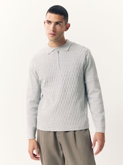 Grey Regular Fit Premium Textured Knit Quarter Zip Long Sleeve Polo Shirt - Image 1 of 9