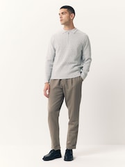 Grey Regular Fit Premium Textured Knit Quarter Zip Long Sleeve Polo Shirt - Image 2 of 9