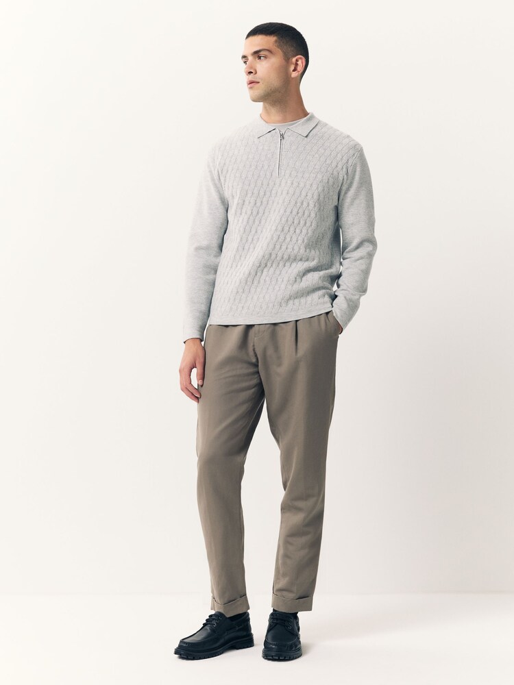 Grey Regular Fit Premium Textured Knit Quarter Zip Long Sleeve Polo Shirt - Image 2 of 9