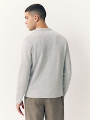 Grey Regular Fit Premium Textured Knit Quarter Zip Long Sleeve Polo Shirt - Image 3 of 9