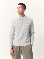 Grey Regular Fit Premium Textured Knit Quarter Zip Long Sleeve Polo Shirt - Image 4 of 9