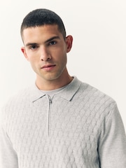 Grey Regular Fit Premium Textured Knit Quarter Zip Long Sleeve Polo Shirt - Image 5 of 9
